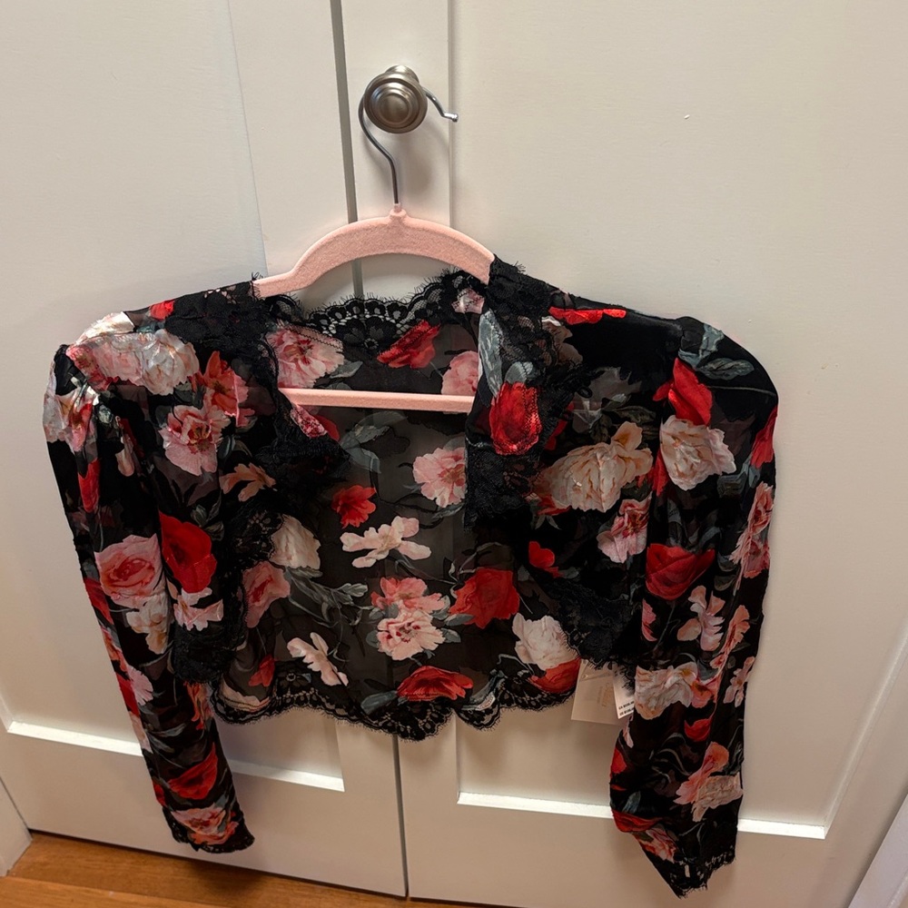 Natori Black and Red Floral Lace Blouse